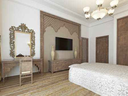 Bedroom in the Middle Eastern Arabian style with luxurious wooden carvings and a large bed with a wooden headboard. 3D renderingの写真素材