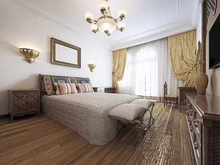The large bed in the bedroom is middle eastern arabic style with patterned pillows and bedspread. The picture above the headboard. 3D renderingの写真素材
