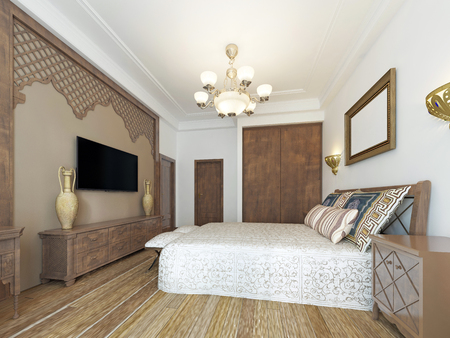 Bedroom in the Middle Eastern Arabian style with luxurious wooden carvings and a large bed with a wooden headboard. 3D renderingの写真素材