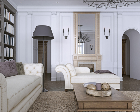 Chaise Chair in classic living room with library. 3d renderingの写真素材