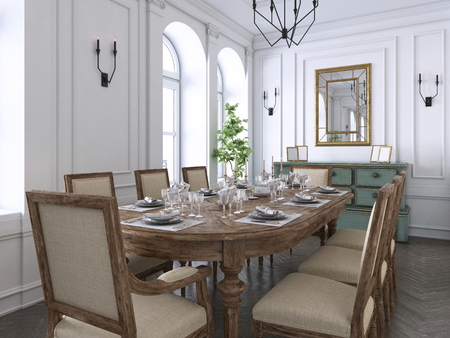 Luxury classic interior of dining room, kitchen and living room with white and brown furniture and metal chandeliers. 3d renderingの写真素材
