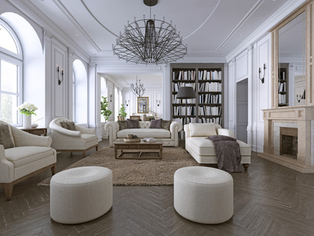 Interior of comfy and bright living room in classic style. 3D rendering.の写真素材