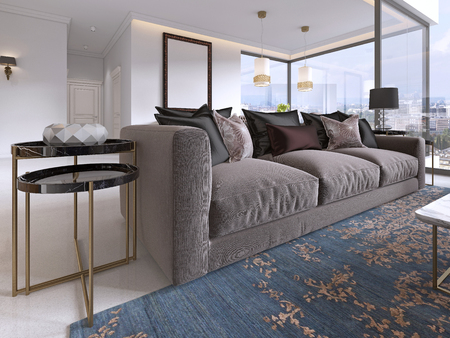 Living room with large windows and beautiful views of the city. 3D renderingの写真素材