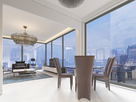 A luxurious modern-style kitchen with a dining table and a large full-length window and a beautiful view of the city. 3D rendering.の写真素材