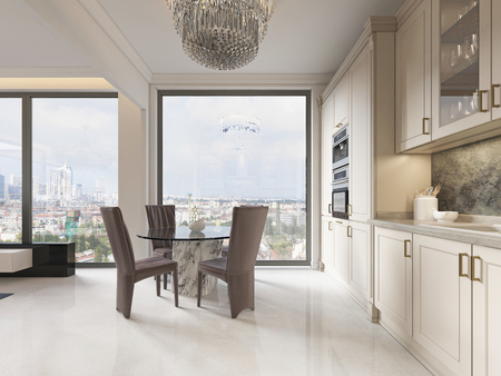 A luxurious modern-style kitchen with a dining table and a large full-length window and a beautiful view of the city. 3D rendering.の写真素材