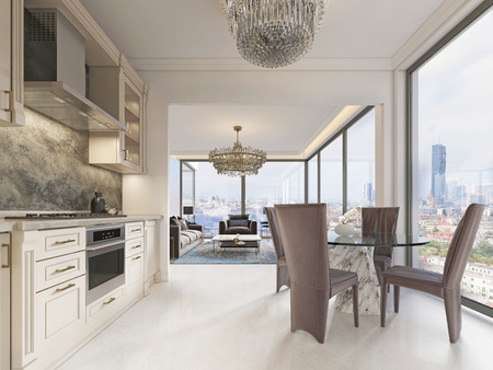 A luxurious modern-style kitchen with a dining table and a large full-length window and a beautiful view of the city. 3D rendering.の写真素材