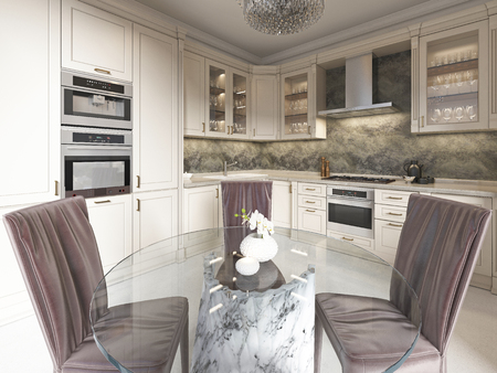 Contemporary kitchen with elements of a classic with a dining table glass chandelier. Interior in beige colors. 3D rendering.の写真素材