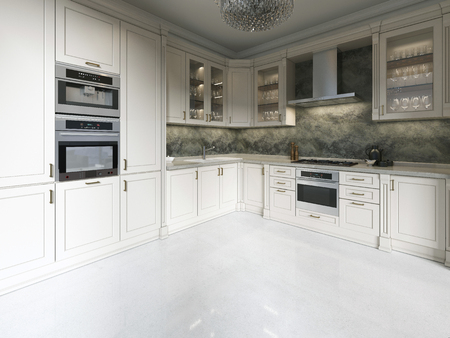 Modern art deco kitchen with classic elements. Glass facade and built-in appliances. Interior in beige colors. 3D rendering.の写真素材
