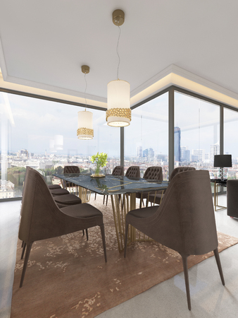 Dining room in classic and luxury style, with a rectangular wooden dining served table with decorative elements, ten upholstered chairs, two chandeliers. 3d renderingの写真素材