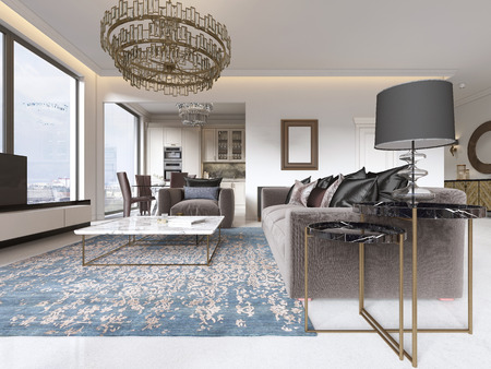 Luxury living room studio with kitchen and dining room. 3D renderingの写真素材