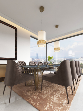 Dining room in classic and luxury style, with a rectangular wooden dining served table with decorative elements, ten upholstered chairs, two chandeliers. 3d renderingの写真素材