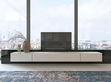 TV unit beige with black accents with retractable TV and a large window decor. 3d rendering.の写真素材