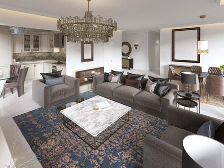 Luxury living room studio with kitchen and dining room. 3D renderingの写真素材