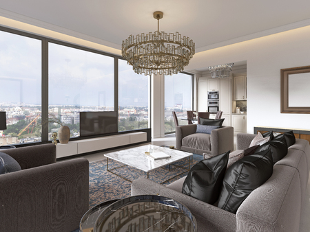 luxurious interior of living room contemporary style with TV unit, sofa, armchairs, coffee table and dining table with kitchen. 3D rendering.の写真素材