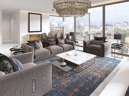 luxurious interior of living room contemporary style with TV unit, sofa, armchairs, coffee table and dining table with kitchen. 3D rendering.の写真素材