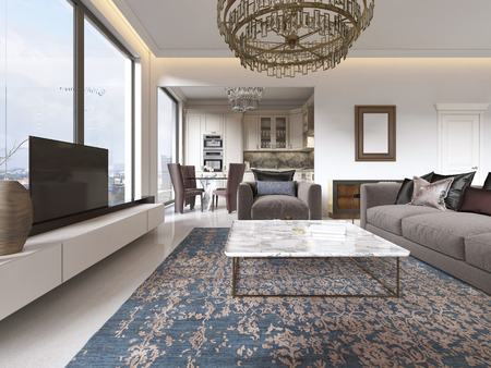 luxurious interior of living room contemporary style with TV unit, sofa, armchairs, coffee table and dining table with kitchen. 3D rendering.の写真素材