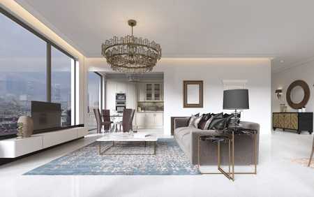 luxurious interior of living room contemporary style with TV unit, sofa, armchairs, coffee table and dining table with kitchen. 3D rendering.の写真素材