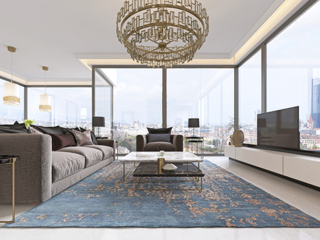 luxurious interior of living room contemporary style with TV unit, sofa, armchairs, coffee table and dining table with kitchen. 3D rendering.の写真素材