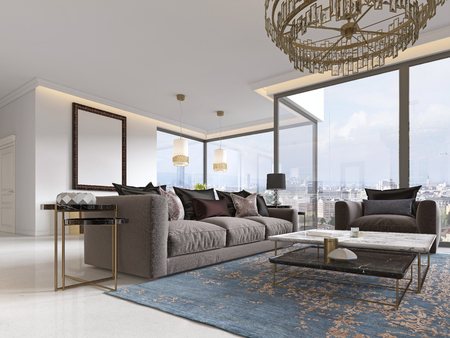 Modern luxury living room interior with a sofa, armchairs, a coffee table and a dining table with a kitchen. 3D rendering.の写真素材