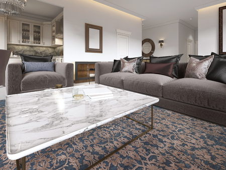 Modern luxury living room interior with a sofa, armchairs, a coffee table and a dining table with a kitchen. 3D rendering.の写真素材