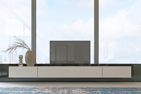 TV unit beige with black accents with retractable TV and a large window decor. 3d rendering.の写真素材