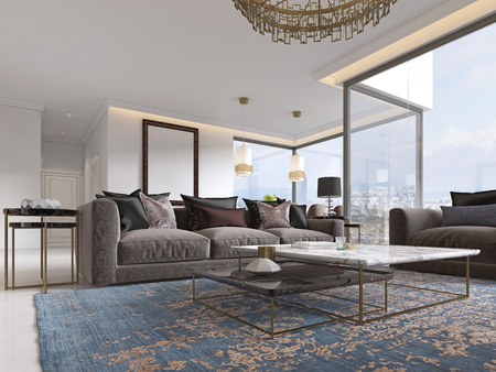 Modern luxury living room interior with a sofa, armchairs, a coffee table and a dining table with a kitchen. 3D rendering.の写真素材