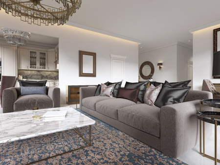 Modern luxury living room interior with a sofa, armchairs, a coffee table and a dining table with a kitchen. 3D rendering.の写真素材