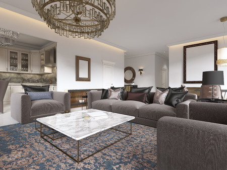 Modern luxury living room interior with a sofa, armchairs, a coffee table and a dining table with a kitchen. 3D rendering.の写真素材