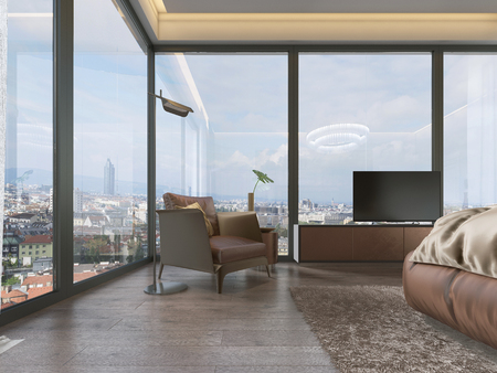 Modern leather chair with a round side table at a large window with a floor lamp. 3D renderingの写真素材