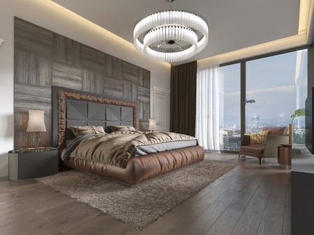 Luxurious bedroom in modern style with large windows in the wall.
Frosted glass chandelier, dressing table, TV unit with retractable TV. 3D renderingの写真素材