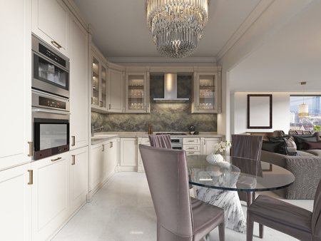 Contemporary kitchen with elements of a classic with a dining table glass chandelier. Interior in beige colors. 3D rendering.の写真素材