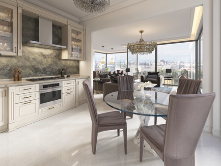 Contemporary kitchen with elements of a classic with a dining table glass chandelier. Interior in beige colors. 3D rendering.の写真素材