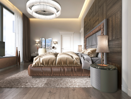 Luxurious bedroom in modern style with large windows in the wall.
Frosted glass chandelier, dressing table, TV unit with retractable TV. 3D renderingの写真素材