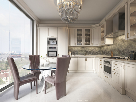 A luxurious modern-style kitchen with a dining table and a large full-length window and a beautiful view of the city. 3D rendering.の写真素材