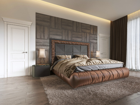 Luxurious bedroom in modern style with large windows in the wall.
Frosted glass chandelier, dressing table, TV unit with retractable TV. 3D renderingの写真素材