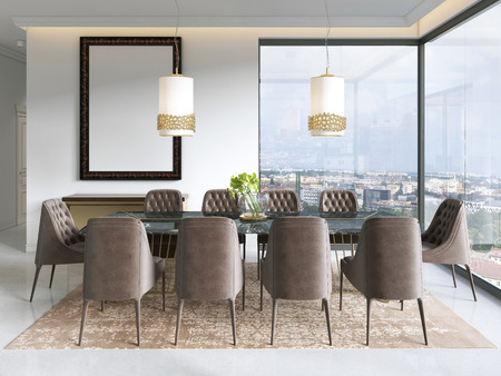 Modern dining room with hanging lamps on, there are chairs and table setup with fancy items on the marble floor. 3D renderingの写真素材