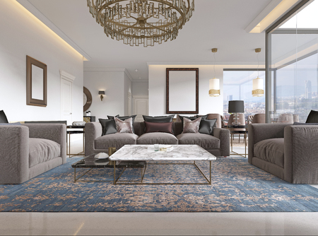 Art deco living room with gorgeous large windows and beautiful views, gilded metal chandelier. 3D rendering.の写真素材
