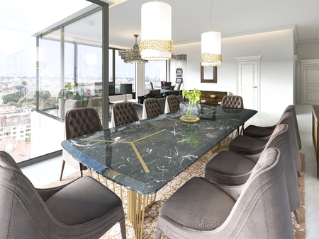 Modern dining room with hanging lamps on, there are chairs and table setup with fancy items on the marble floor. 3D renderingの写真素材