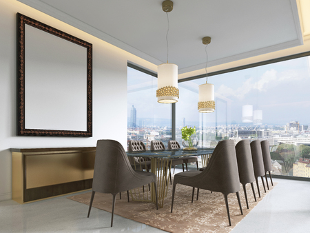 Modern dining room with hanging lamps on, there are chairs and table setup with fancy items on the marble floor. 3D renderingの写真素材