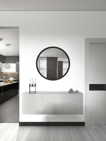 white hinged console with a mirror in the living room contemporary style. 3d renderingの写真素材