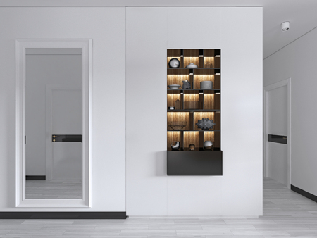 Entrance hall with a large mirror in a white frame with built-in shelves in black with a decor. 3d rendering.の写真素材