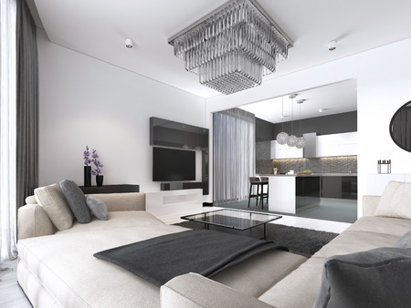 Spacious apartment interior studio with white wall scandinavian style, dining and kitchen. 3d renderingの写真素材