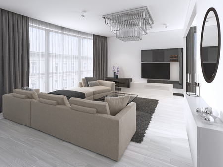 Interior Design: Living room with a large corner sofa and a TV unit in contemporary style. 3d renderingの写真素材