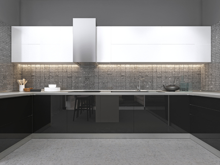 Black and White contemporary kitchen with a glossy facade and concrete floor. 3d rendering.の写真素材