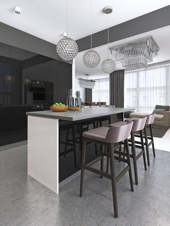 Kitchen island with three bar stools and round glass chandeliers in contemporary black and white kitchen. 3d renderingの写真素材