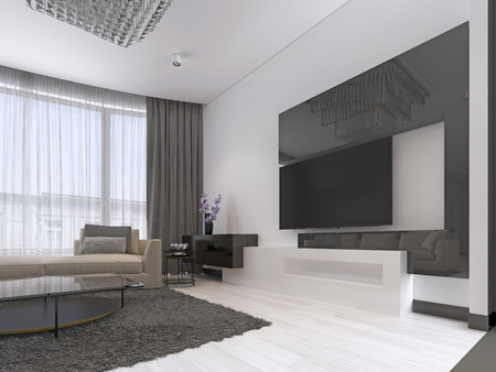 Interior Design: Living room with a large corner sofa and a TV unit in contemporary style. 3d renderingの写真素材