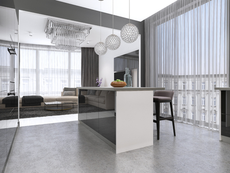 Kitchen island with three bar stools and round glass chandeliers in contemporary black and white kitchen. 3d renderingの写真素材