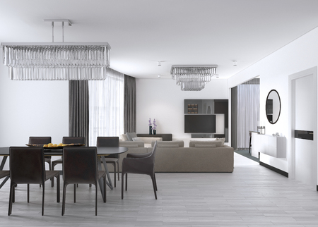 luxurious modern dining room with a large table and cushioned chairs and a crystal chandelier over. 3d rendering.の写真素材