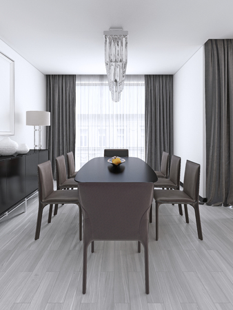luxurious modern dining room with a large table and cushioned chairs and a crystal chandelier over. 3d rendering.の写真素材