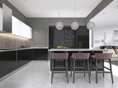 Contemporary kitchen with a black glossy facade with an island and bar stools. 3d renderingの写真素材